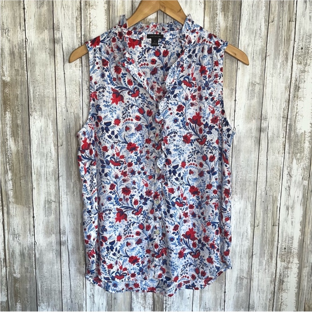 Ann Taylor Red & Blue Floral Sleeveless Blouse - Picture 1 of 4